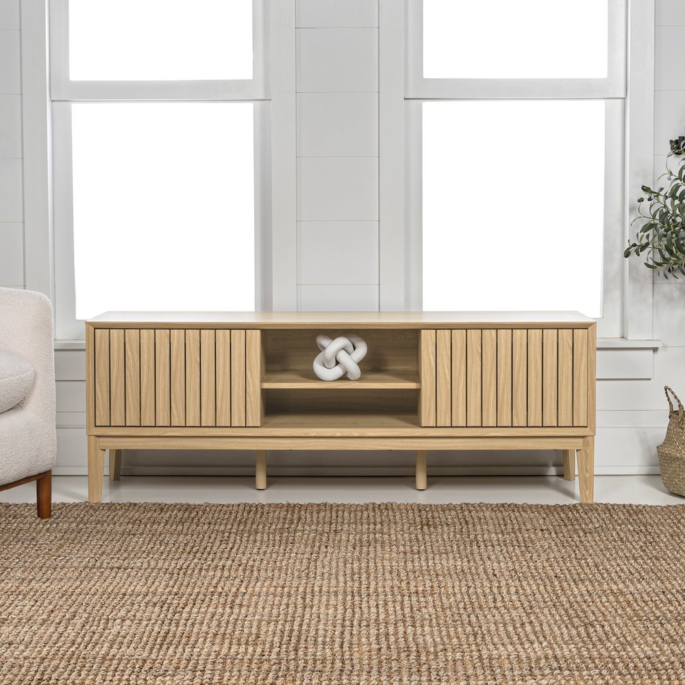 Gennaro Farmhouse 3-Storage Sliding Door Tv Stand Fits Tvs With Cable Management. Picture 5