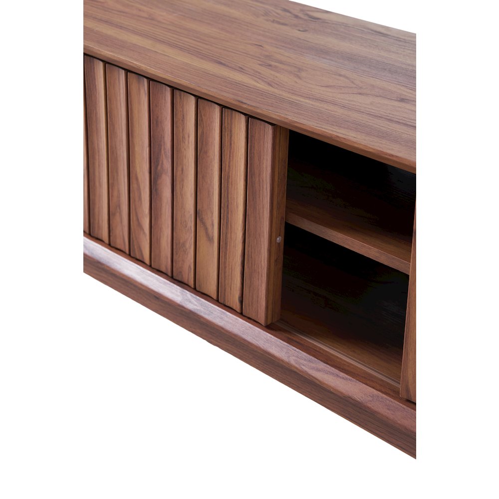 Gennaro 58" Mid-Century Walnut TV Stand Media Console with Slatted Sliding Doors. Picture 3
