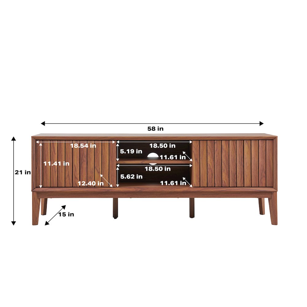 Gennaro 58" Mid-Century Walnut TV Stand Media Console with Slatted Sliding Doors. Picture 5