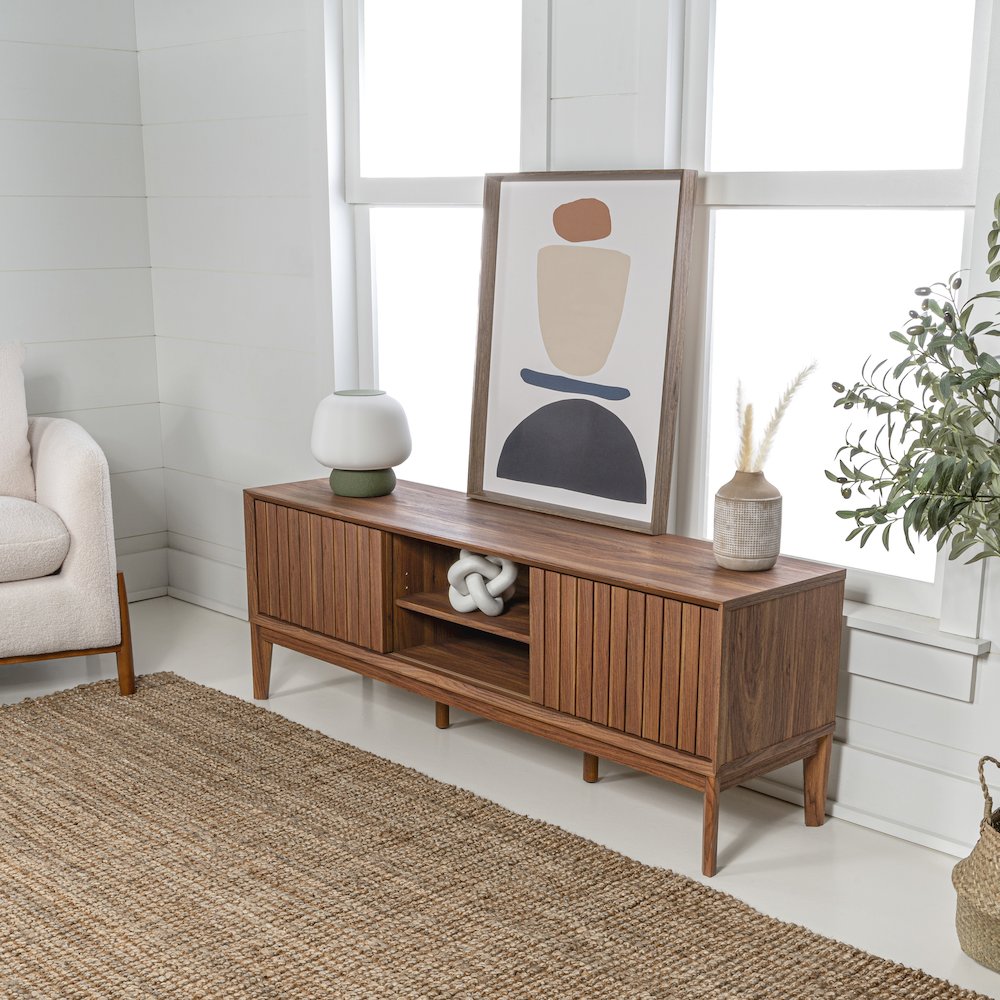 Gennaro 58" Mid-Century Walnut TV Stand Media Console with Slatted Sliding Doors. Picture 6