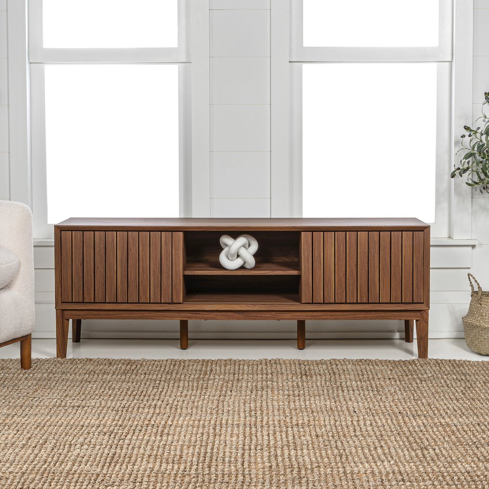 Gennaro 58" Mid-Century Walnut TV Stand Media Console with Slatted Sliding Doors. Picture 7