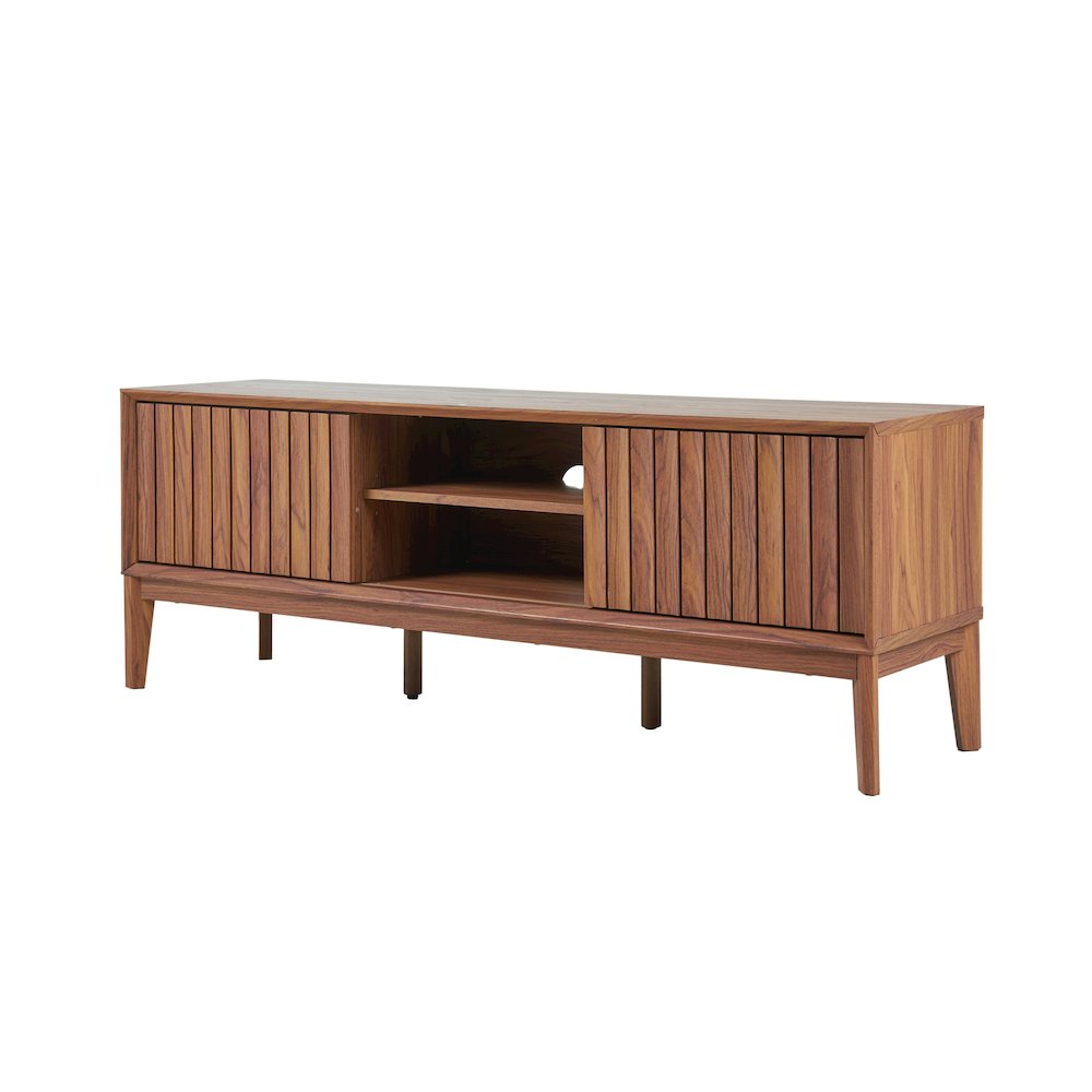 Gennaro 58" Mid-Century Walnut TV Stand Media Console with Slatted Sliding Doors. Picture 1