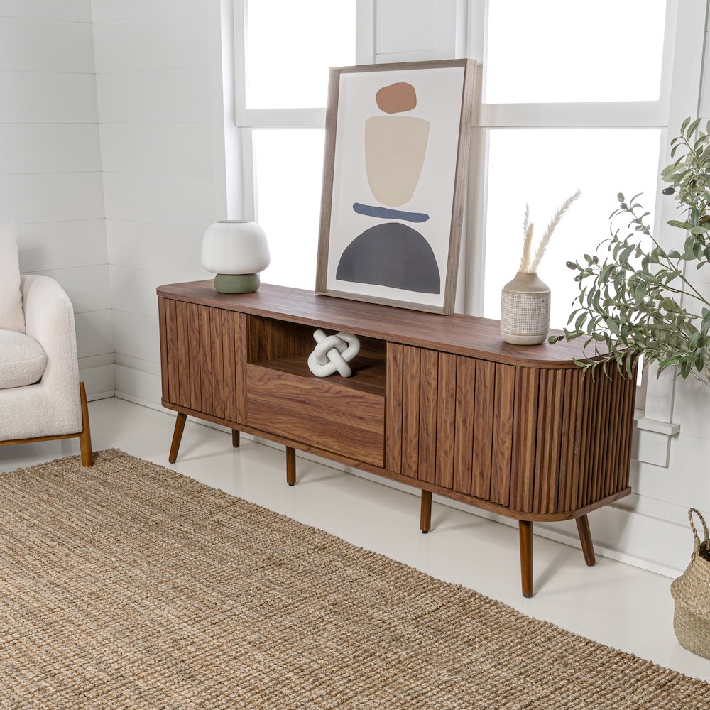 Damien 70" Mid-Century Fluted Walnut TV Stand for TVs up to 75". Picture 7