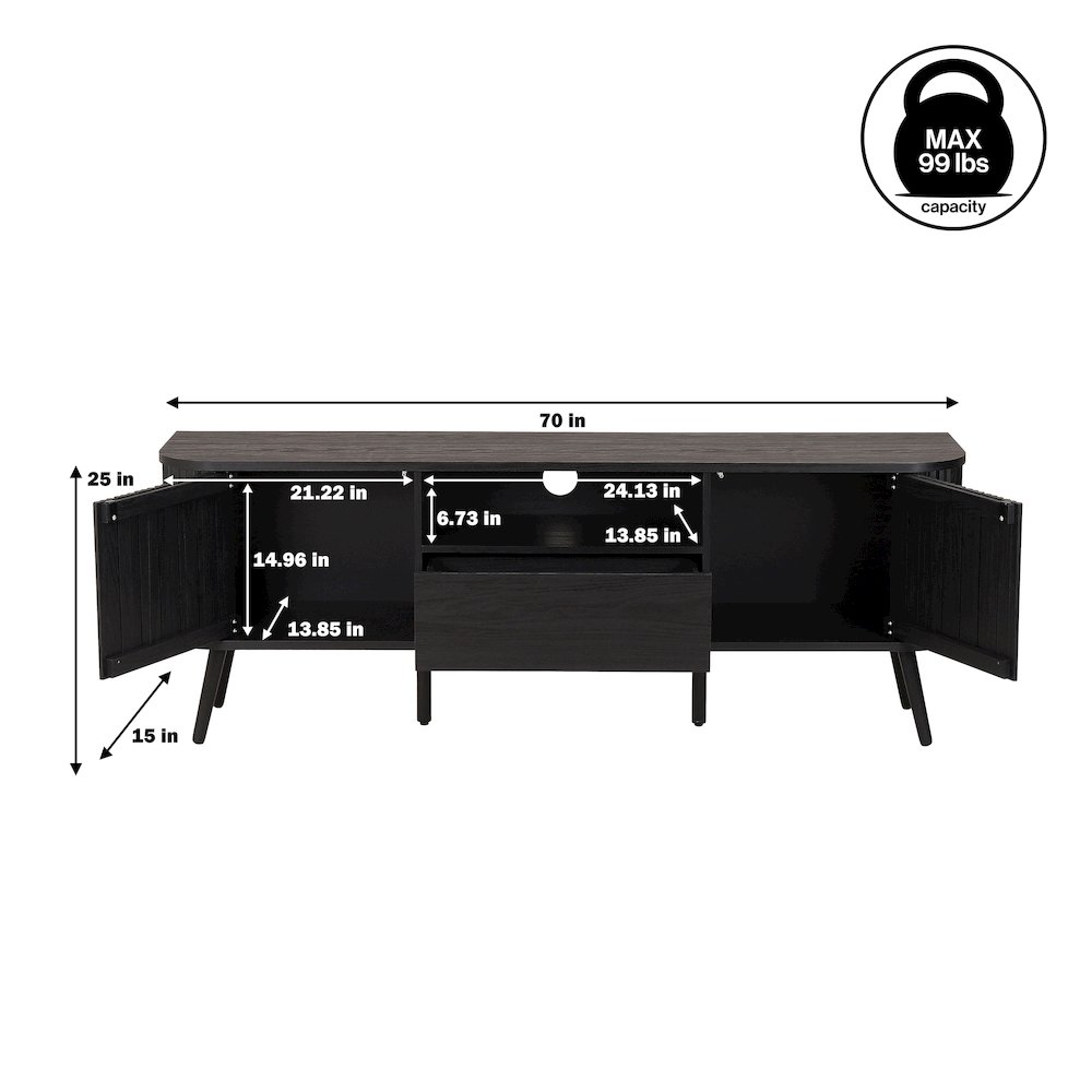 Damien 70" Mid-Century Fluted Black TV Stand for TVs up to 75". Picture 2
