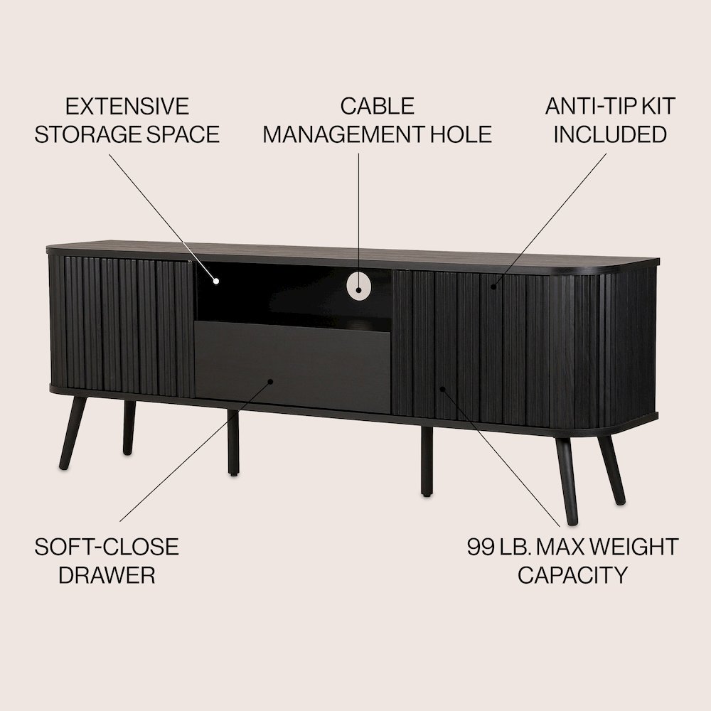 Damien 70" Mid-Century Fluted Black TV Stand for TVs up to 75". Picture 1