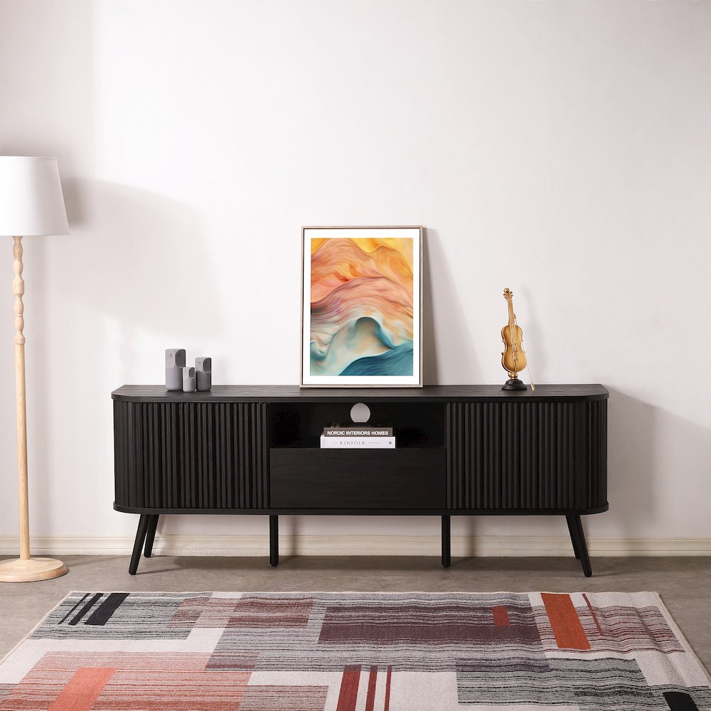 Damien 70" Mid-Century Fluted Black TV Stand for TVs up to 75". Picture 3