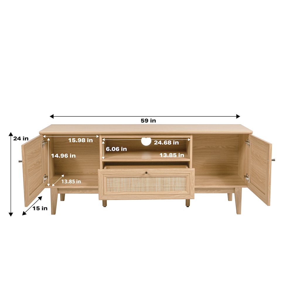 Finley 59" Mid-Century Oak Rattan TV Stand. Picture 3