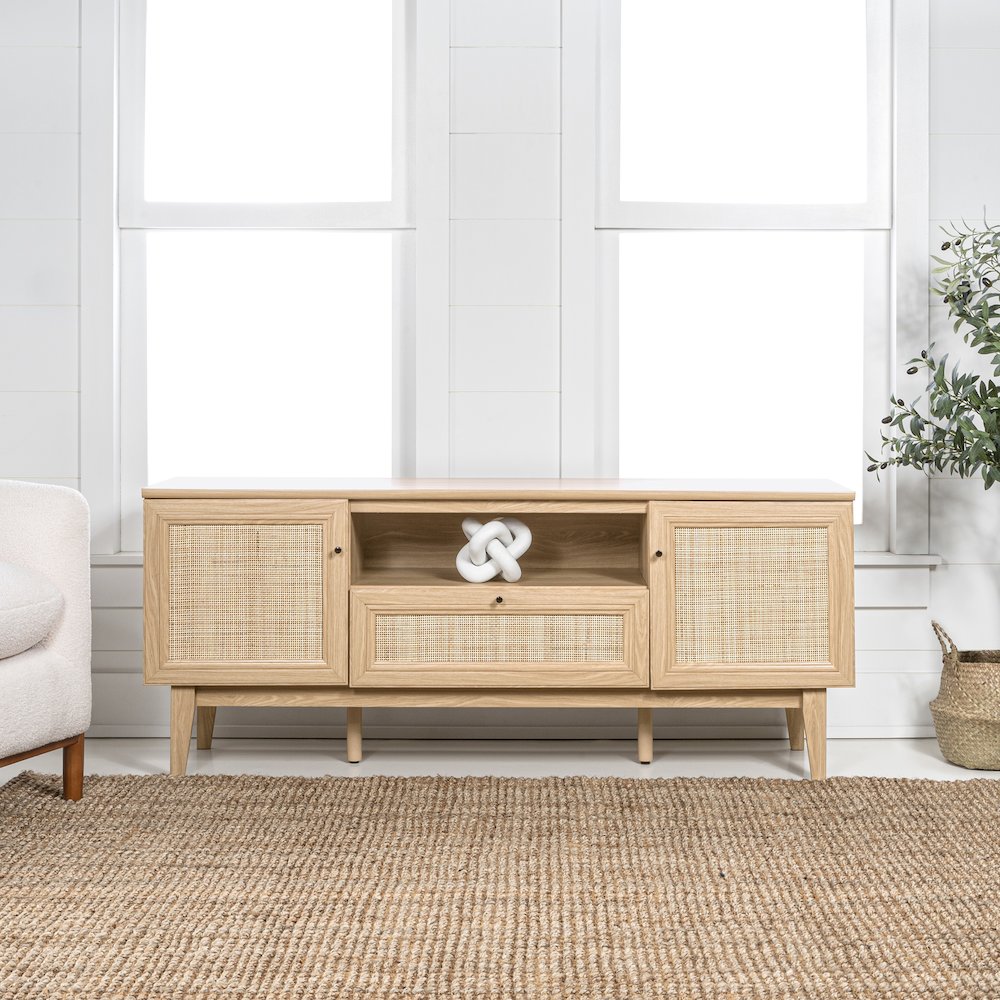 Finley 59" Mid-Century Oak Rattan TV Stand. Picture 5