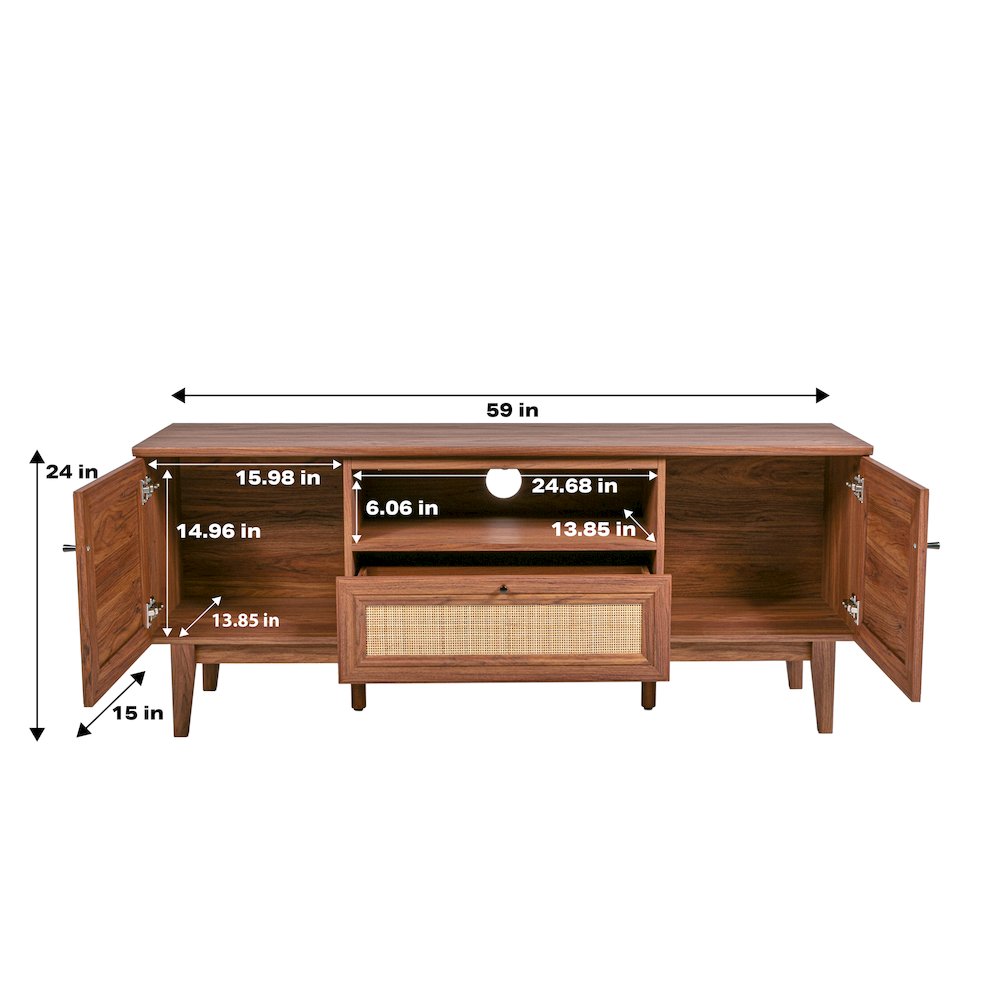 Finley 59" Mid-Century Walnut Rattan TV Stand. Picture 6
