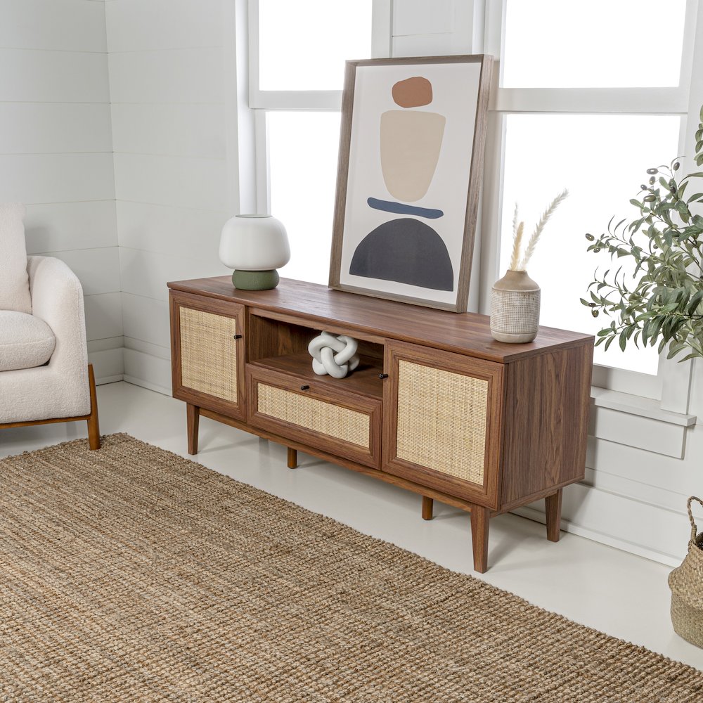 Finley 59" Mid-Century Walnut Rattan TV Stand. Picture 7