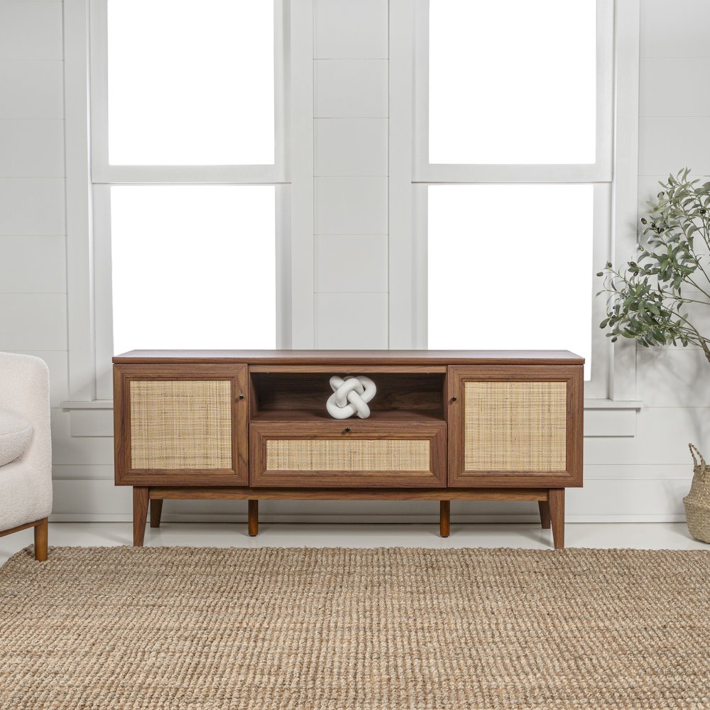 Finley 59" Mid-Century Walnut Rattan TV Stand. Picture 8