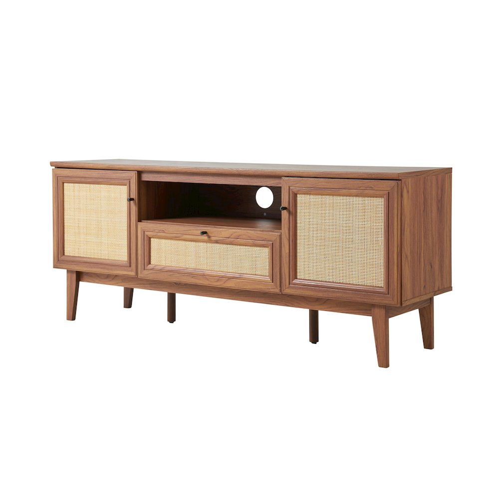 Finley 59" Mid-Century Walnut Rattan TV Stand. Picture 1
