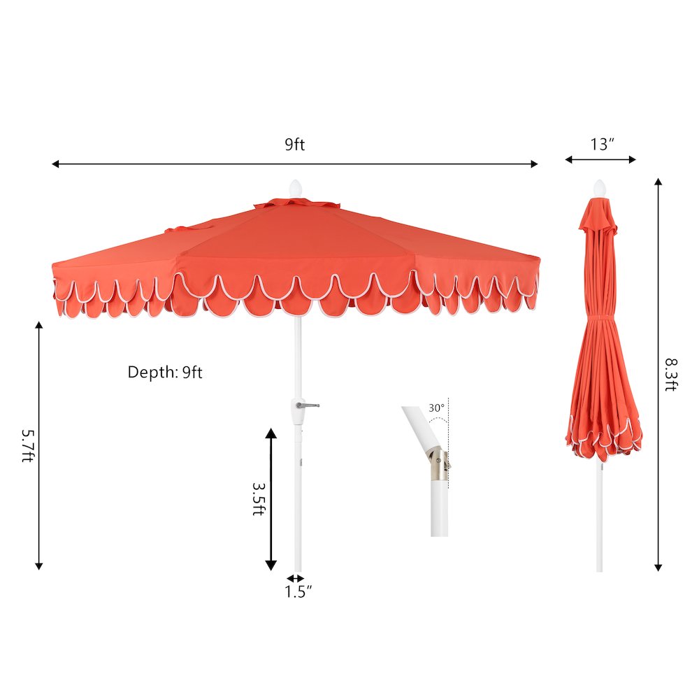 9 ft. Classic MidCentury Scalloped Fringe Market Patio Umbrella, Coral Red/White. Picture 6