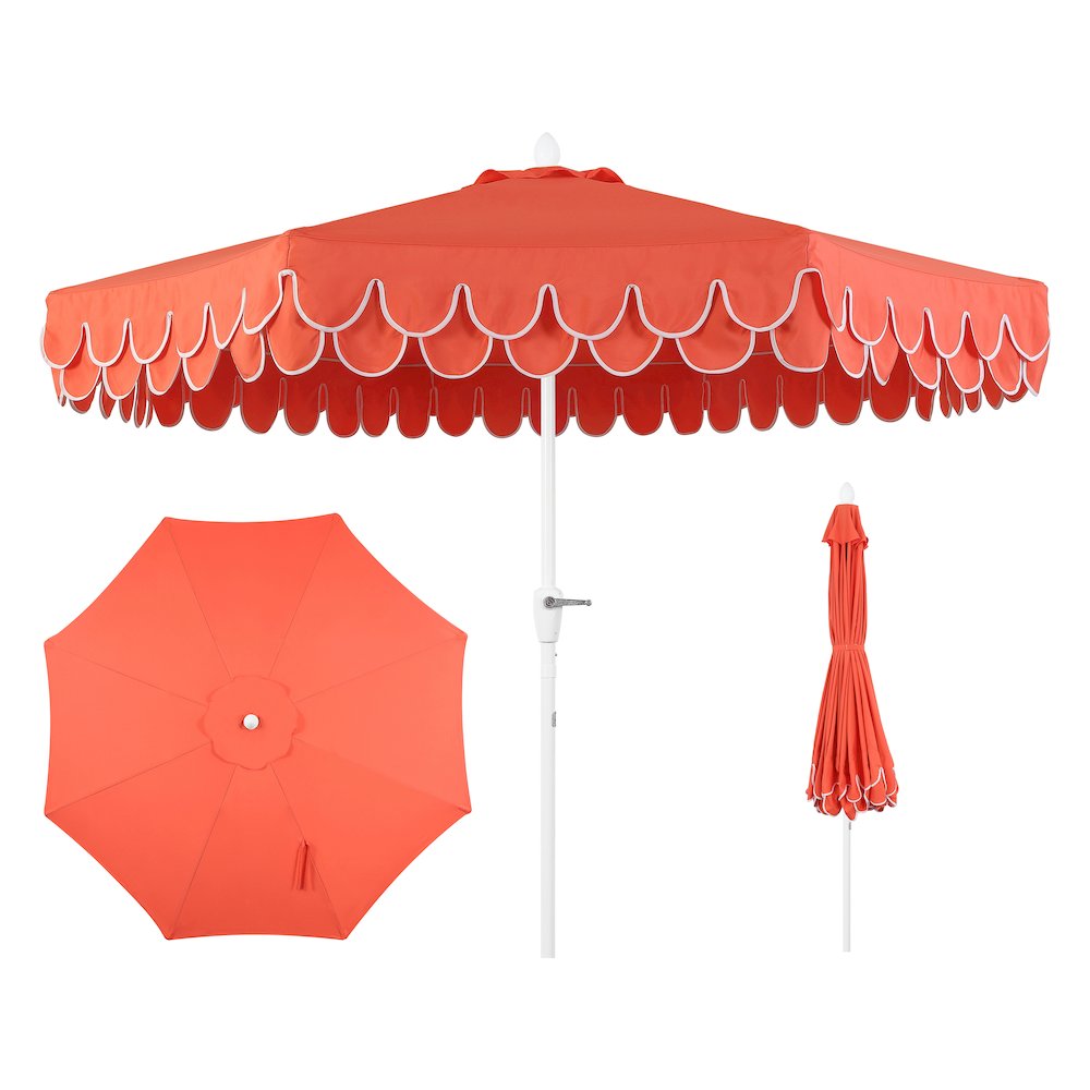 9 ft. Classic MidCentury Scalloped Fringe Market Patio Umbrella, Coral Red/White. Picture 1