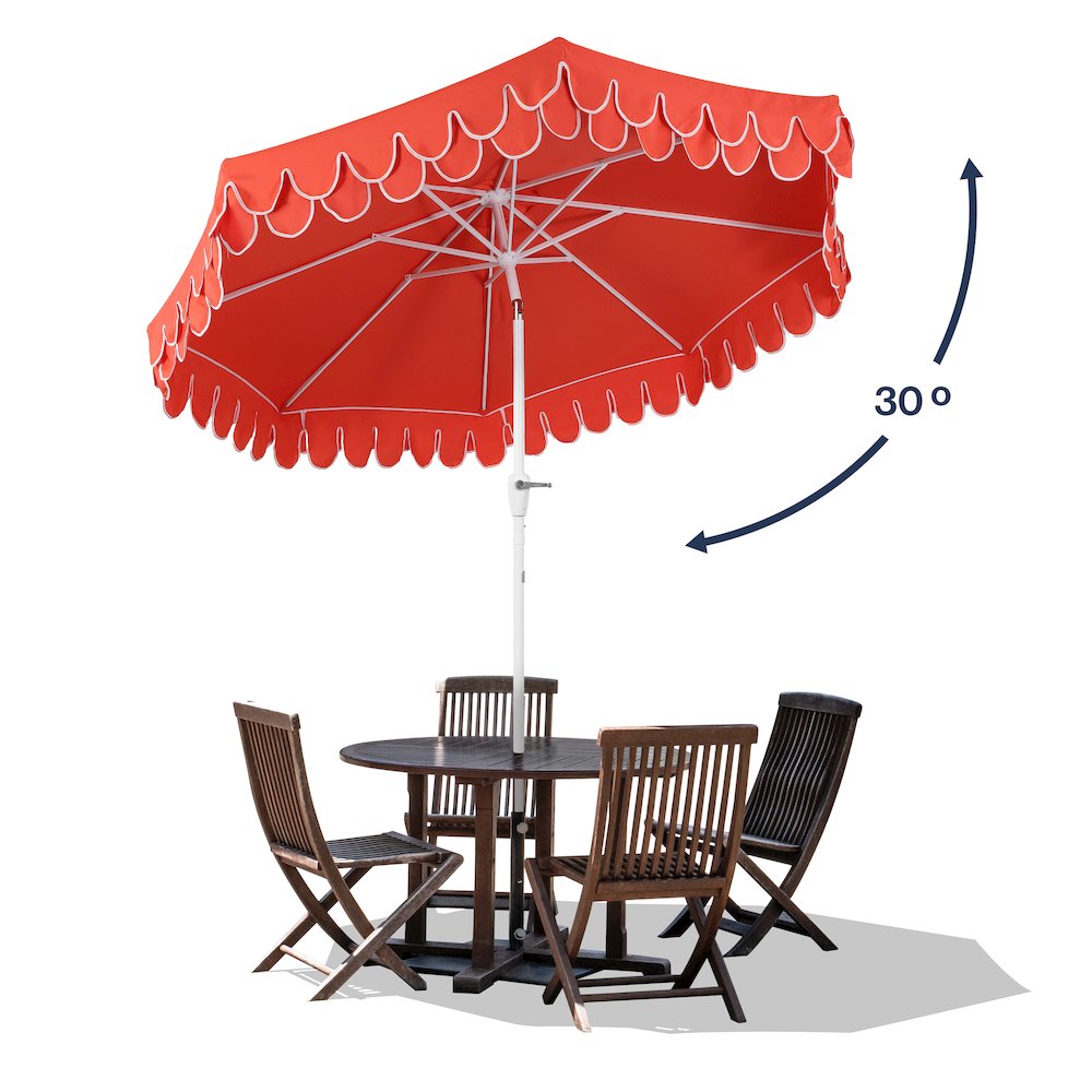 9 ft. Classic MidCentury Scalloped Fringe Market Patio Umbrella, Coral Red/White. Picture 3