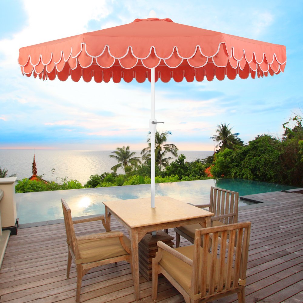 9 ft. Classic MidCentury Scalloped Fringe Market Patio Umbrella, Coral Red/White. Picture 4