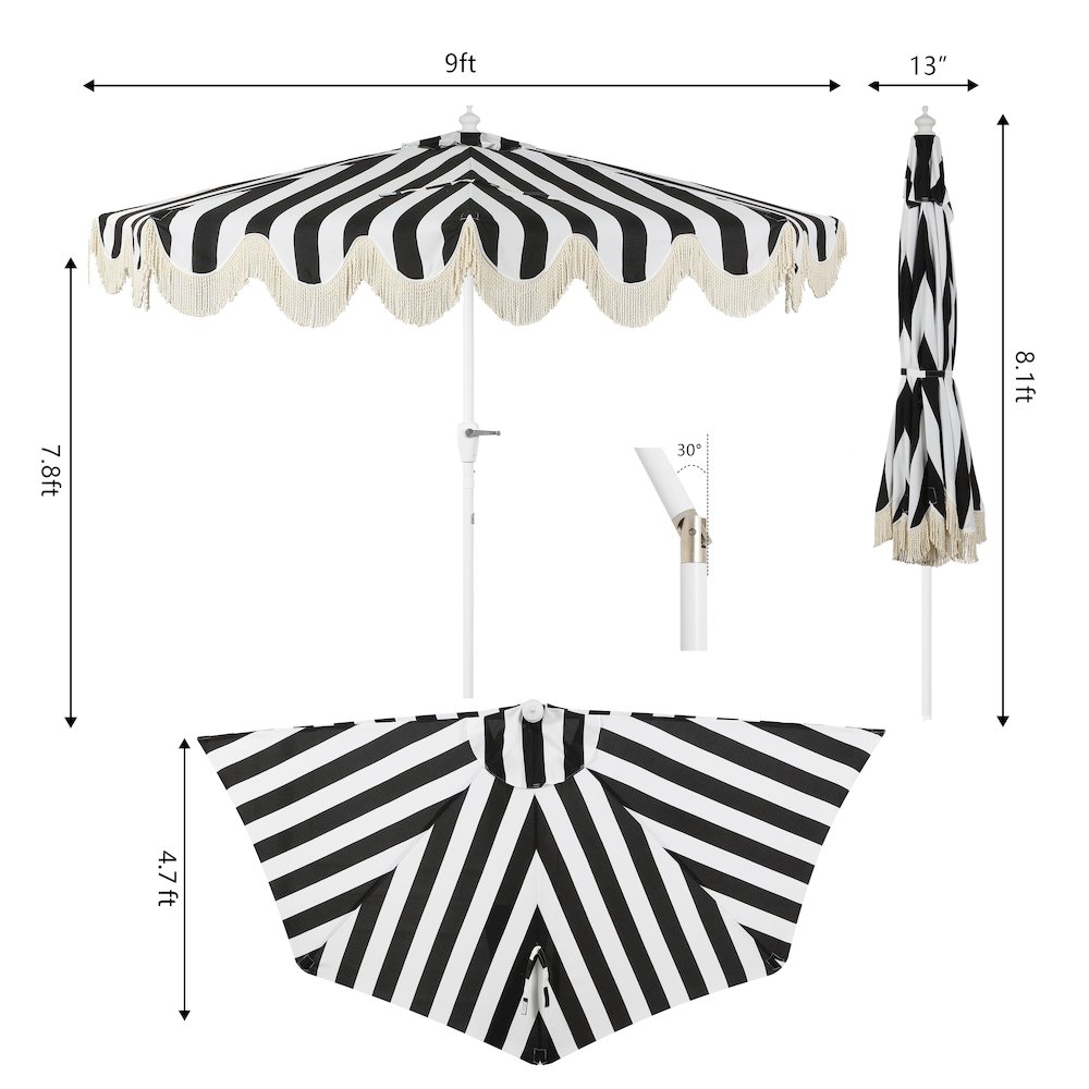 Beverly 9 ft. Coastal Space-Saving Half Patio Umbrella with Scalloped Fringe. Picture 4