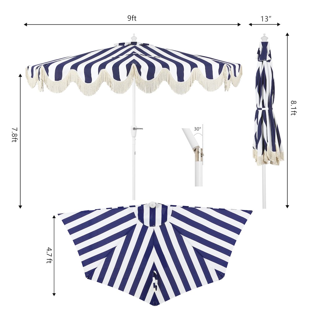 Beverly 9 ft. Coastal Space-Saving Half Patio Umbrella with Scalloped Fringe. Picture 5