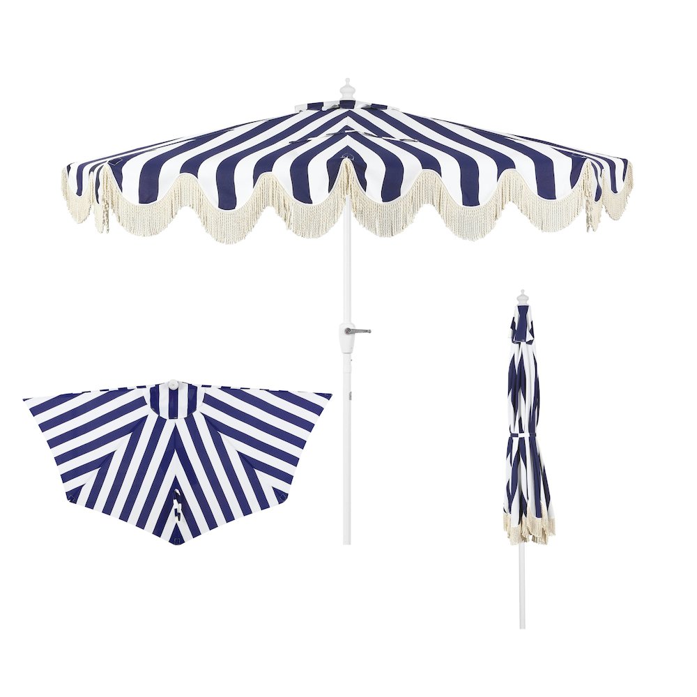 Beverly 9 ft. Coastal Space-Saving Half Patio Umbrella with Scalloped Fringe. Picture 1