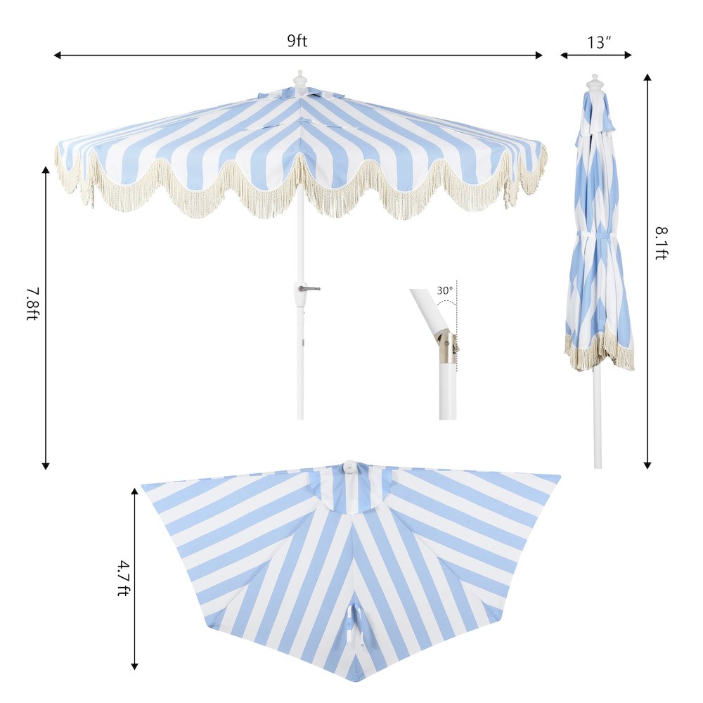 Beverly 9 ft. Coastal Space-Saving Half Patio Umbrella with Scalloped Fringe. Picture 4