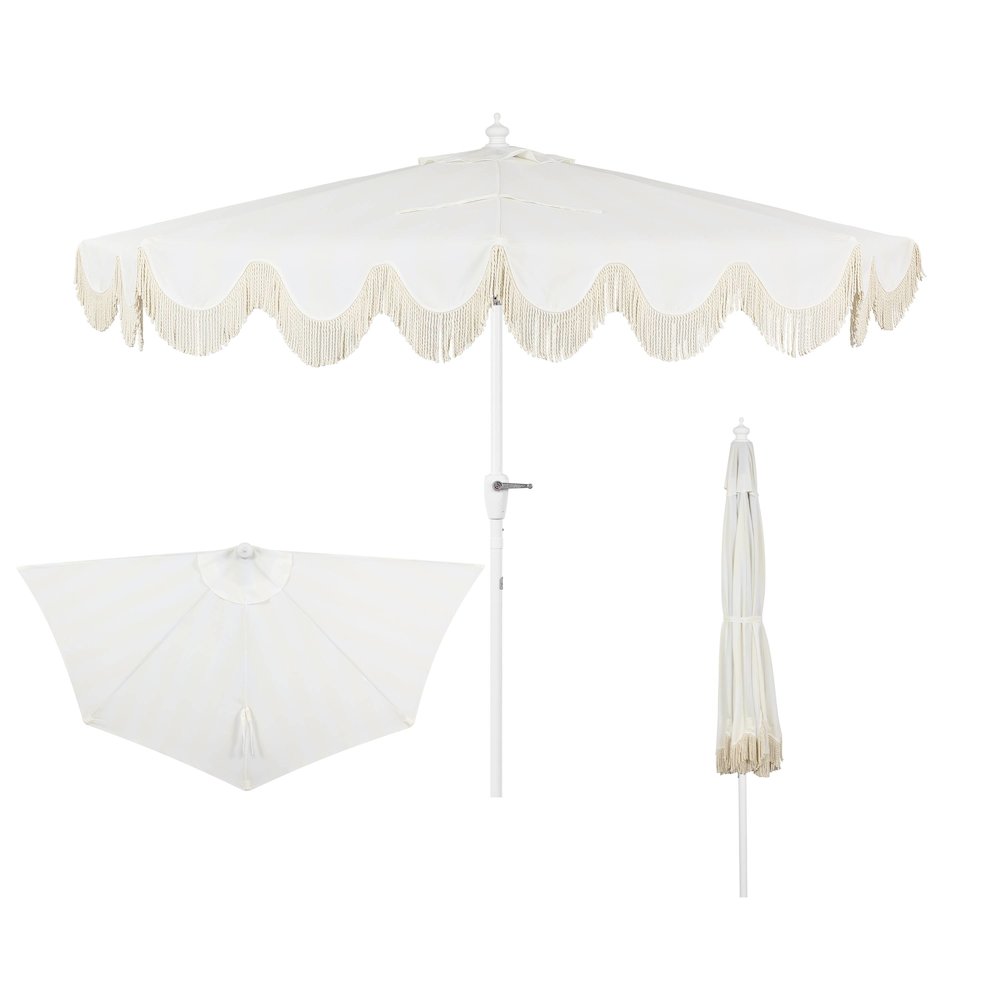 Beverly 9 ft. Coastal Space-Saving Half Patio Umbrella with Scalloped Fringe. Picture 1