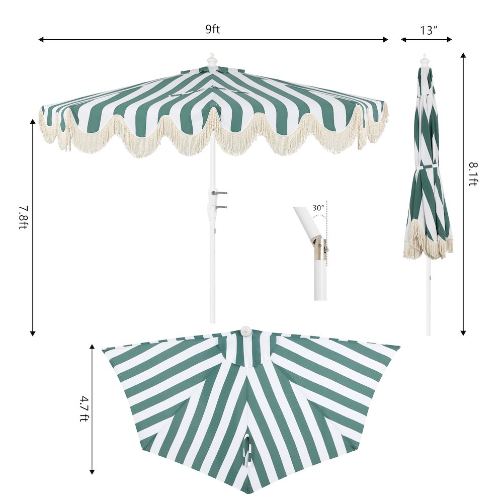 Beverly 9 ft. Coastal Space-Saving Half Patio Umbrella with Scalloped Fringe. Picture 5