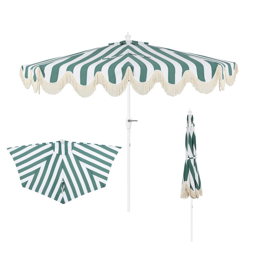 Beverly 9 ft. Coastal Space-Saving Half Patio Umbrella with Scalloped Fringe. Picture 1
