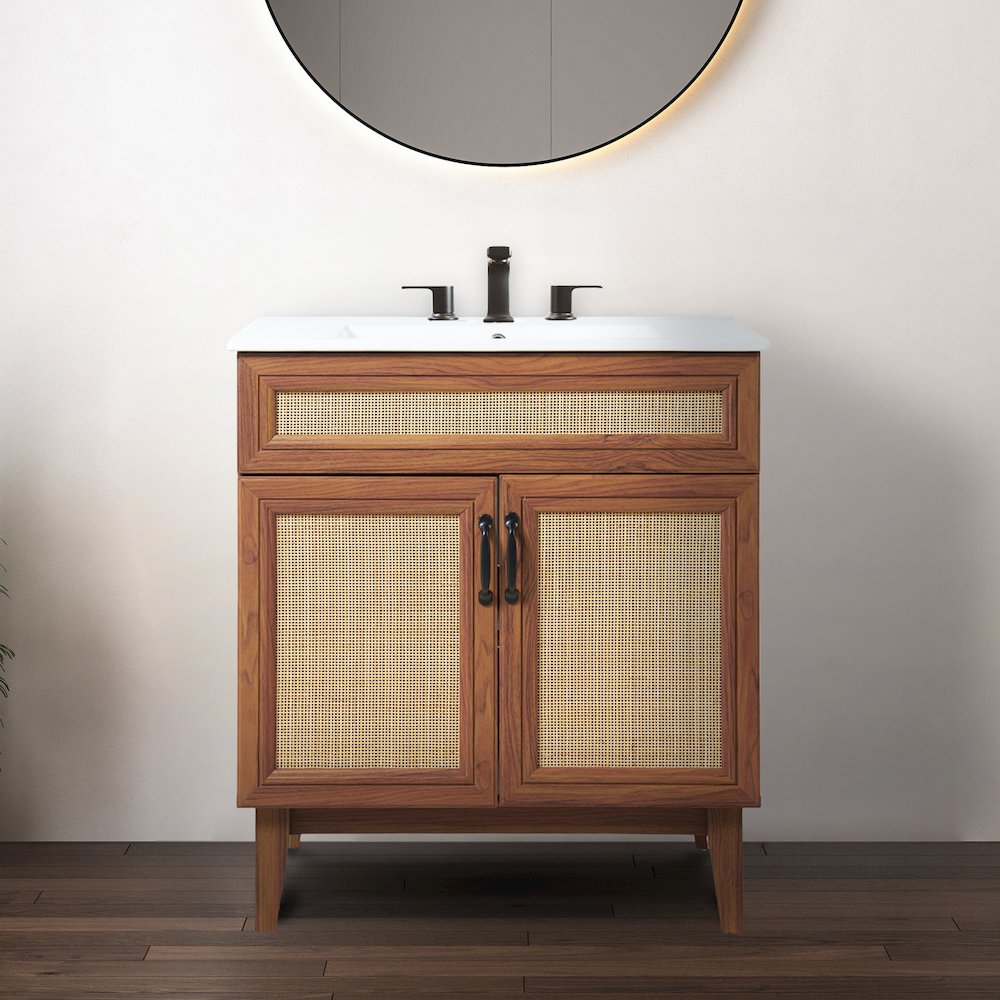Javer 30 in. W x 18 in. D x 33 in. H Bohemian Rattan Freestanding 2-Shelf Bath. Picture 1