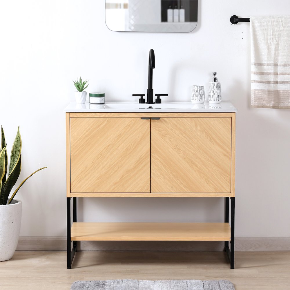 Juhl 35 in. W x 18 in. D x 33 in. H Chevron-Front 2-Shelf Freestanding Bathroom. Picture 2