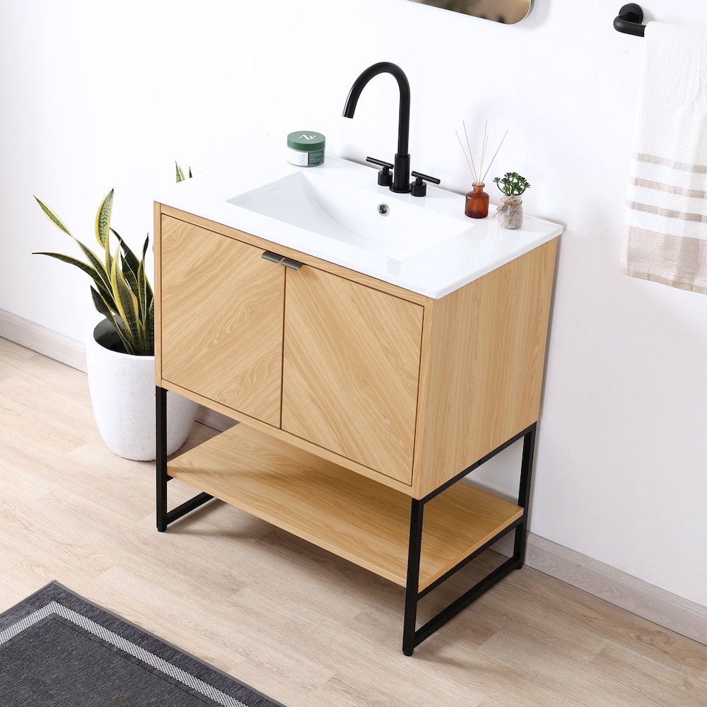 Juhl 35 in. W x 18 in. D x 33 in. H Chevron-Front 2-Shelf Freestanding Bathroom. Picture 3