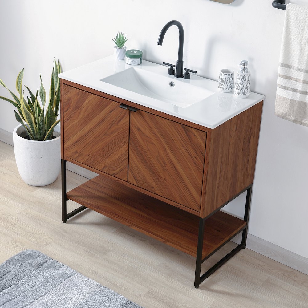 Juhl 35 in. W x 18 in. D x 33 in. H Chevron-Front 2-Shelf Freestanding Bathroom. Picture 3