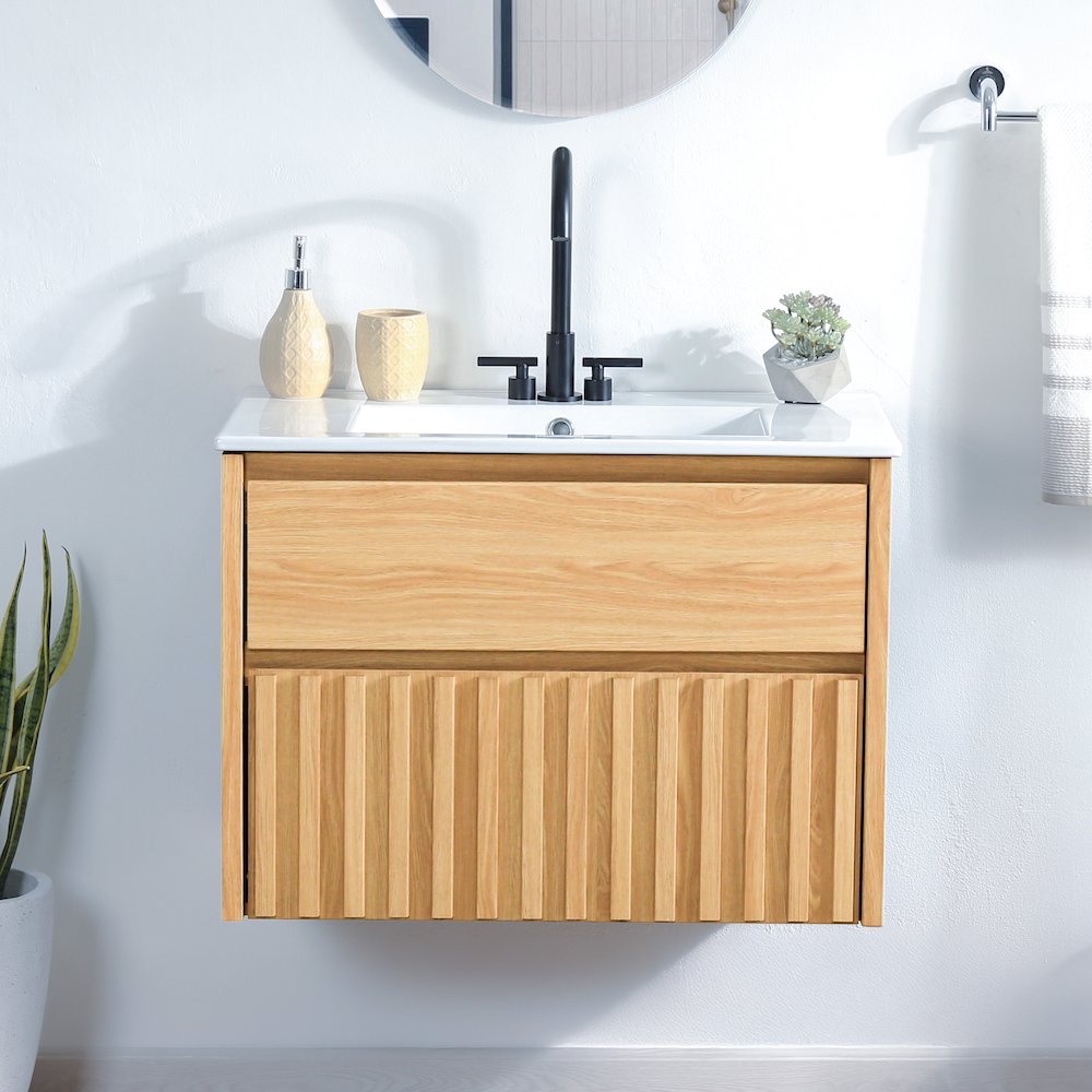 Sherwin 30 in. W Slatted 2-Drawer Wall-Mounted Floating Bathroom Vanity Cabinet. Picture 2