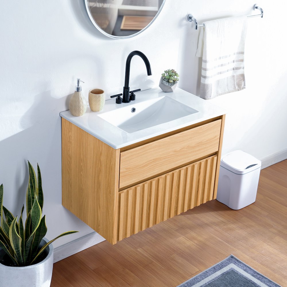 Sherwin 30 in. W Slatted 2-Drawer Wall-Mounted Floating Bathroom Vanity Cabinet. Picture 3