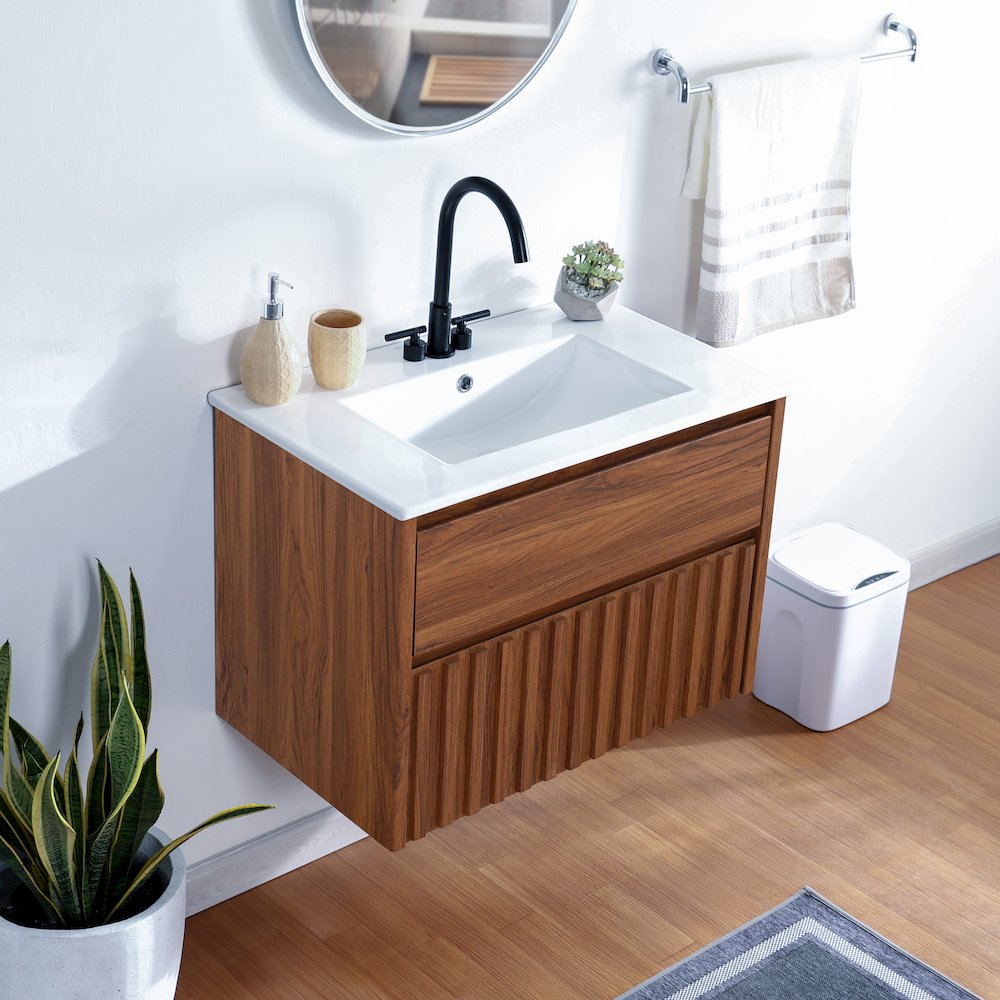 Sherwin 30 in. W Slatted 2-Drawer Wall-Mounted Floating Bathroom Vanity Cabinet. Picture 3
