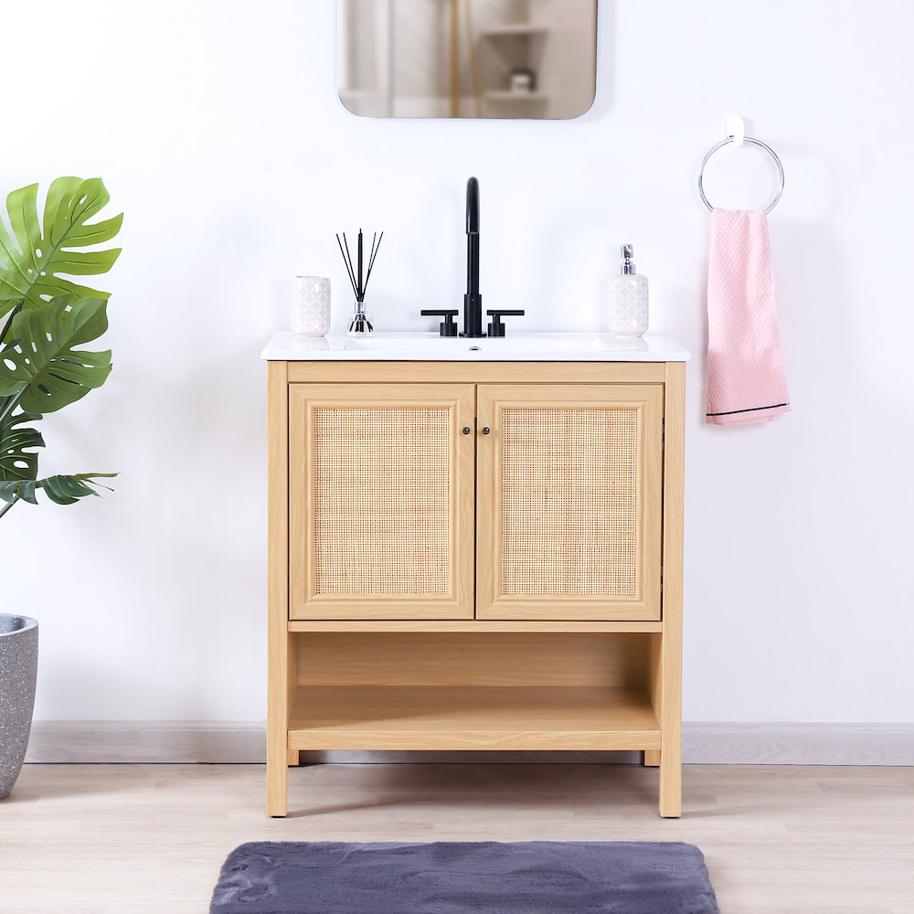 Jasper 30 in. W x 18 in. D x 33 in. H Rattan Coastal 2-Shelf Freestanding. Picture 2