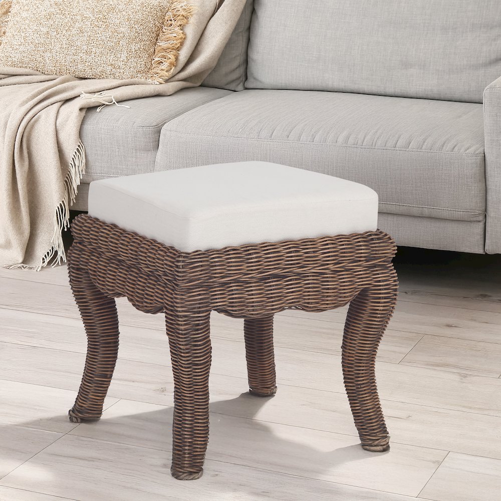 Rowan 18.5" Coastal Woven Rattan Vanity Stool with White Upholstered Cushion. Picture 2