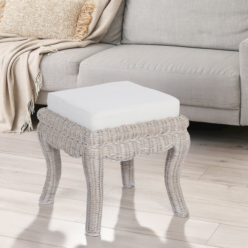 Rowan 18.5" Coastal Woven Rattan Vanity Stool with White Upholstered Cushion. Picture 2