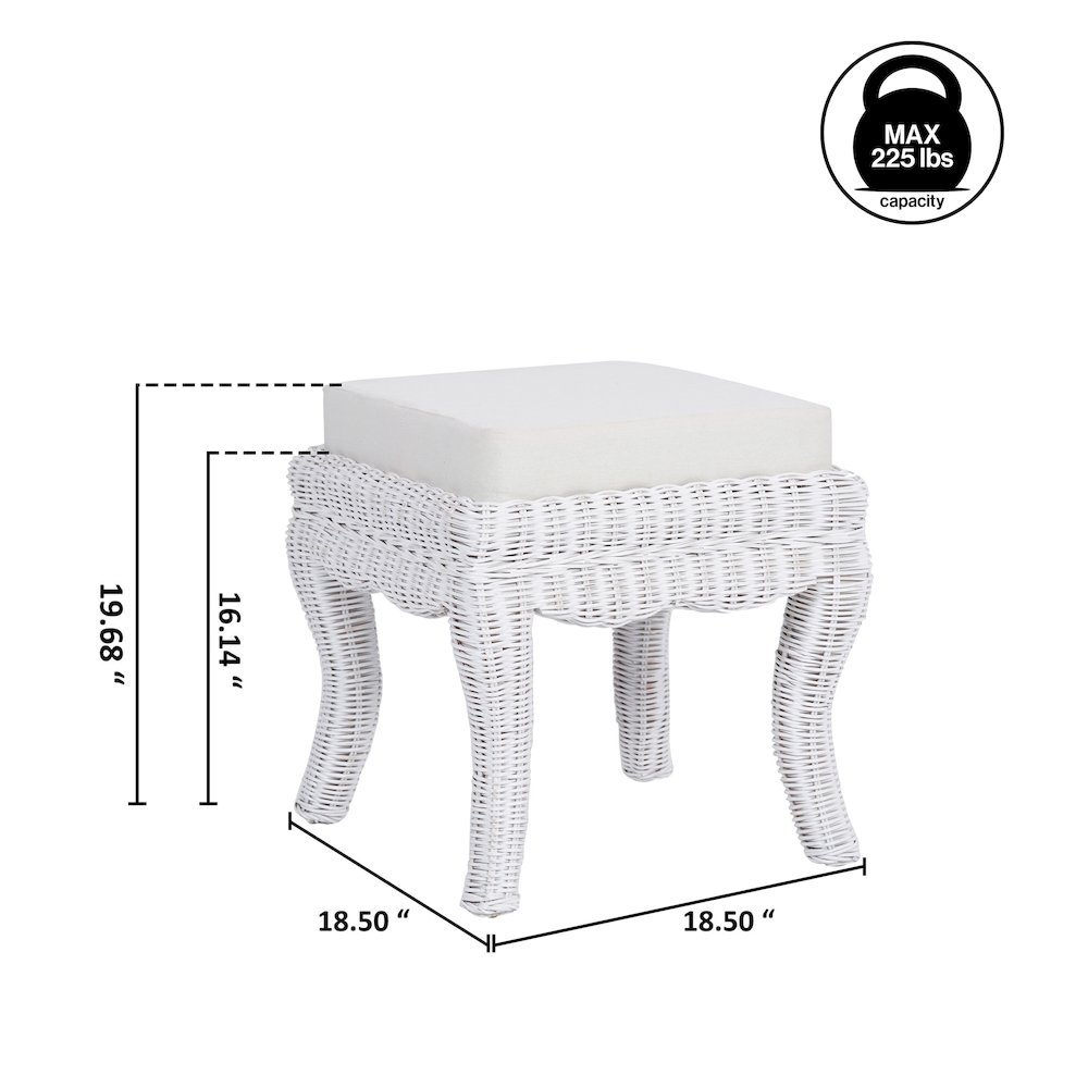 Rowan 18.5" Coastal Woven Rattan Vanity Stool with White Upholstered Cushion. Picture 3