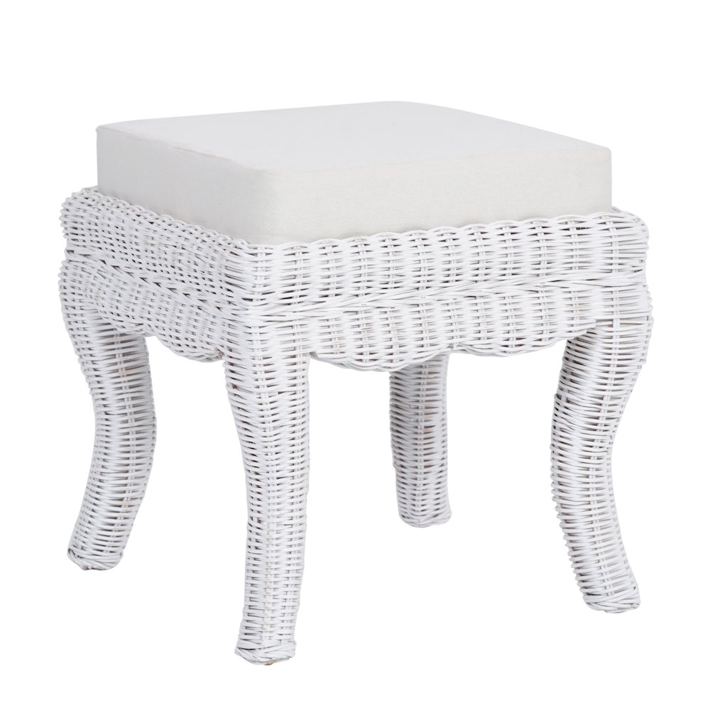 Rowan 18.5" Coastal Woven Rattan Vanity Stool with White Upholstered Cushion. Picture 1