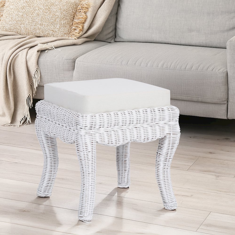 Rowan 18.5" Coastal Woven Rattan Vanity Stool with White Upholstered Cushion. Picture 2