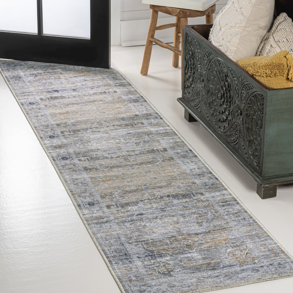 Alanya Ornate Medallion Machine-Washable Runner Rug. Picture 1