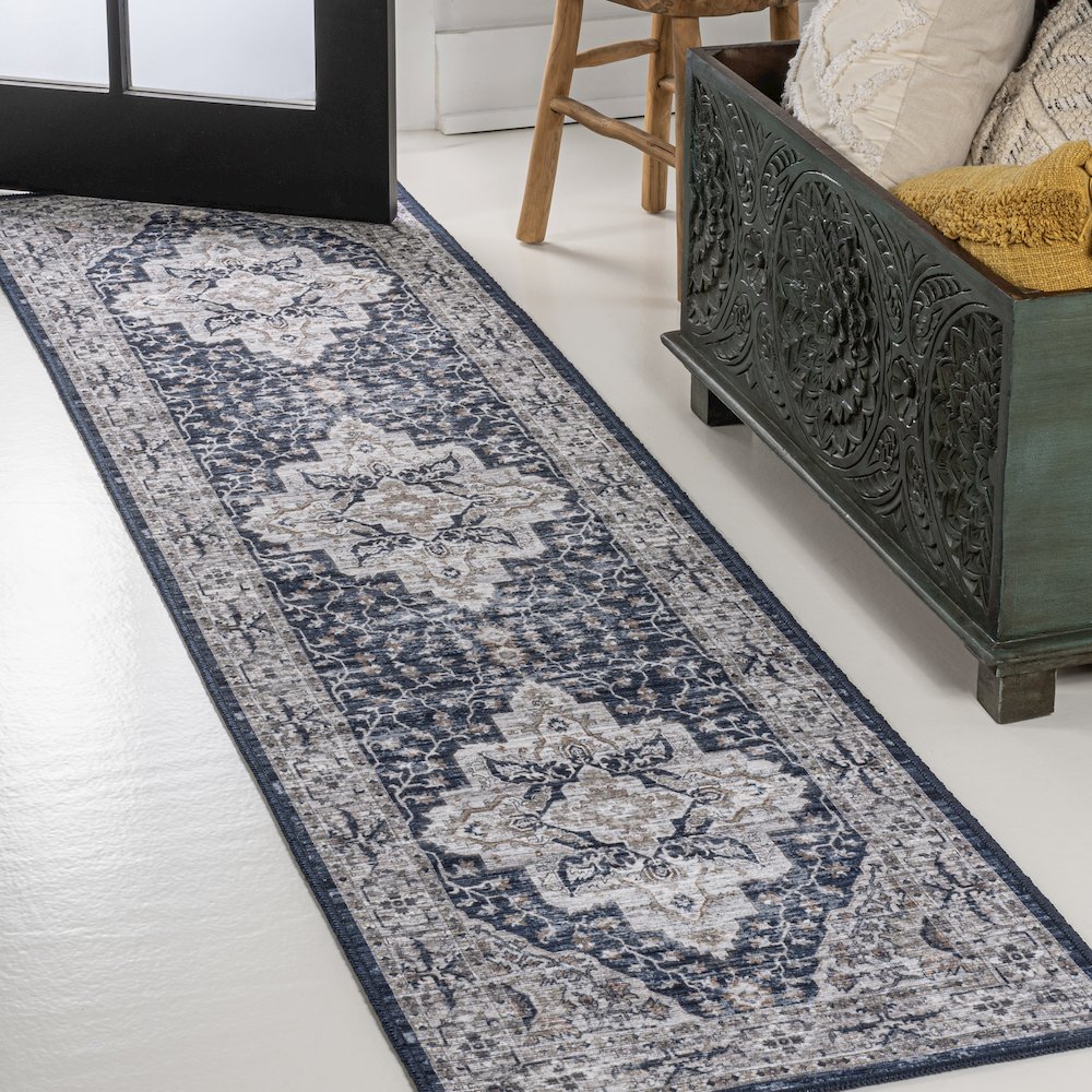 Didim Boho Gray Medallion Machine-Washable Runner Rug. Picture 1