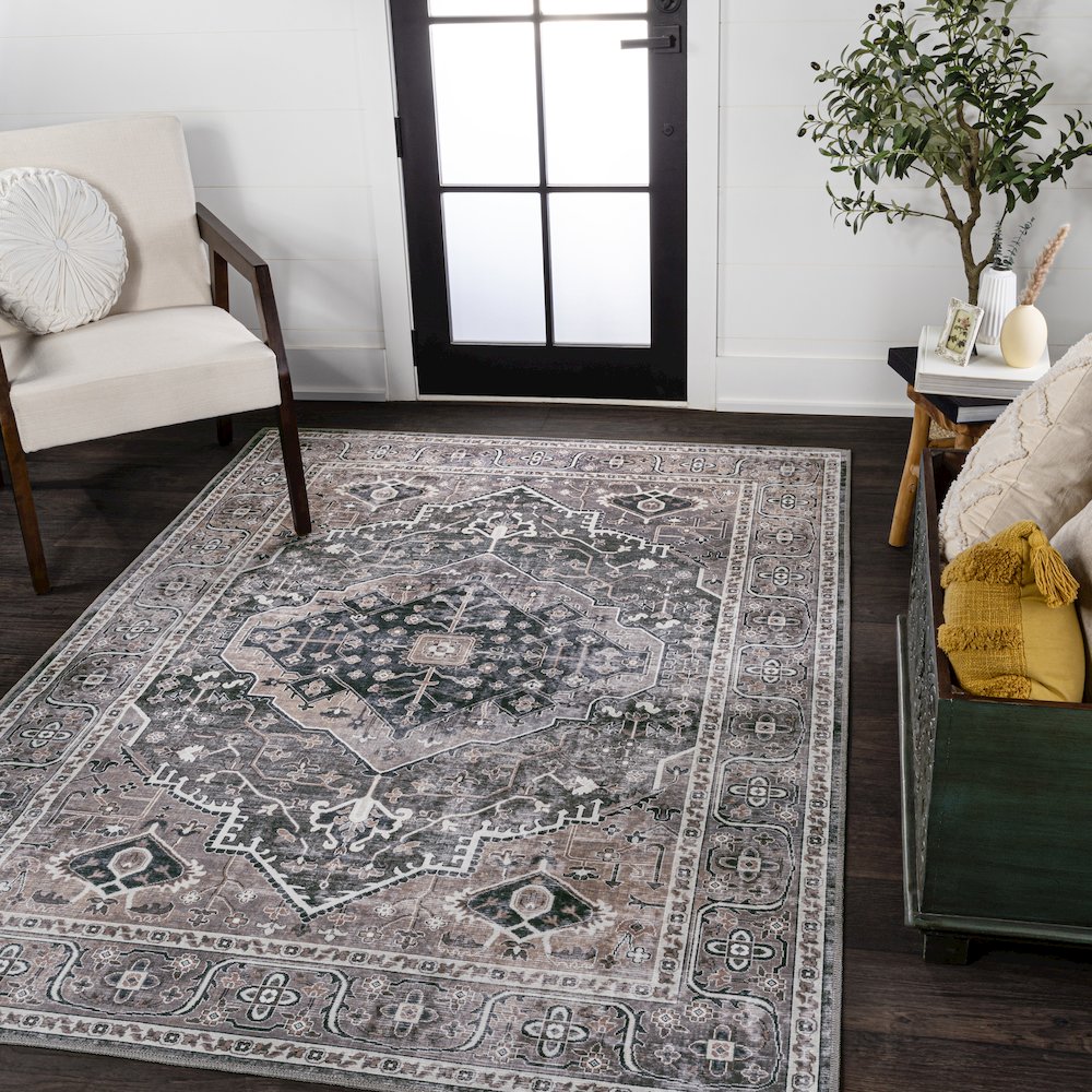 Alacati Ogee Medallion Machine-Washable Area Rug. Picture 1