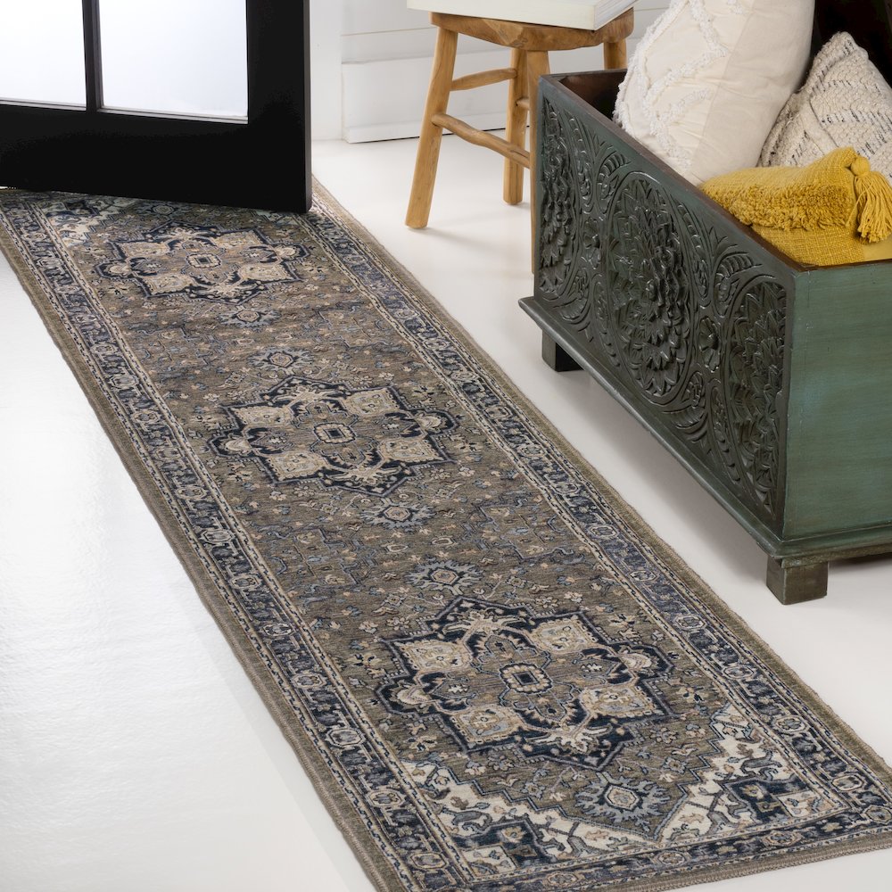 Cirali Ornate Large Medallion Machine-Washable Green/Navy/Cream Runner Rug. Picture 1