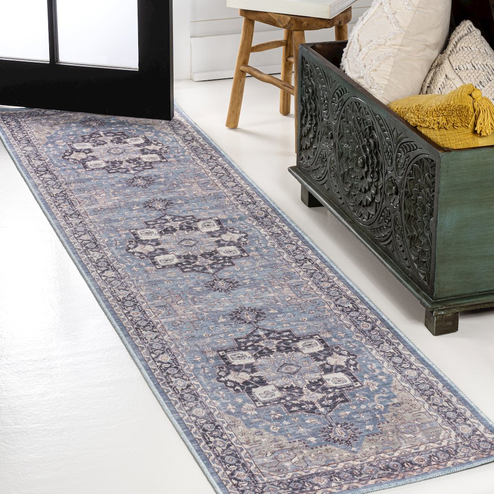 Maris Ornate Medallion Machine-Washable Runner Rug. Picture 1