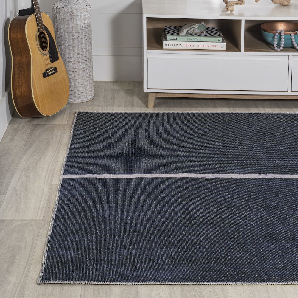 Linja Solid Centre Stripe Machine Washable Area Rug. Picture 3