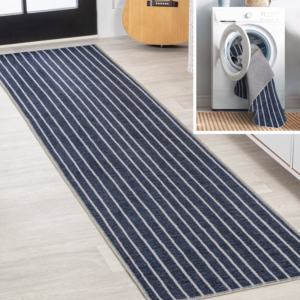 Rand Distressed Ticking Stripe Machine Washable Area Rug. Picture 7