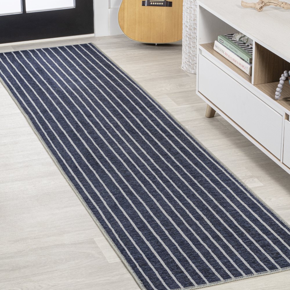 Rand Distressed Ticking Stripe Machine Washable Area Rug. Picture 2