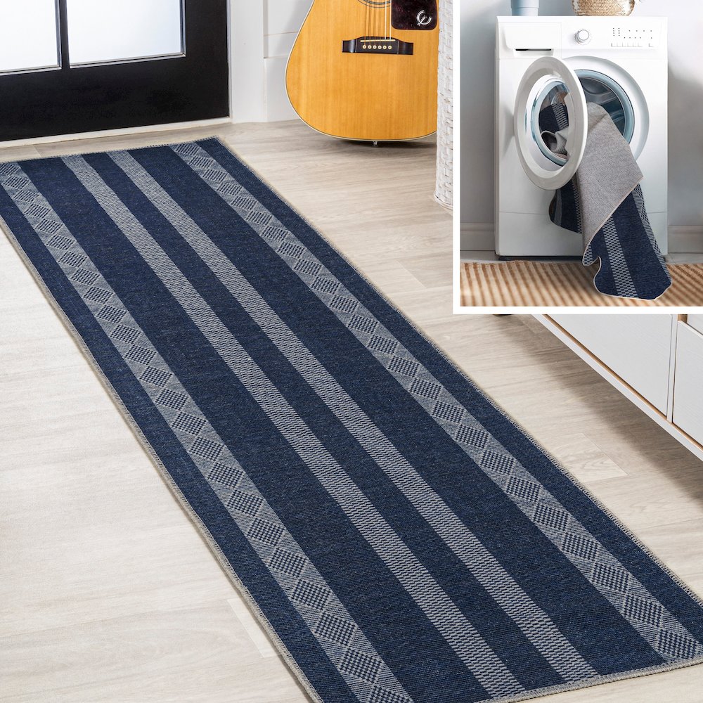 Nautisk Trellis Stripe Machine Washable Area Rug. Picture 7