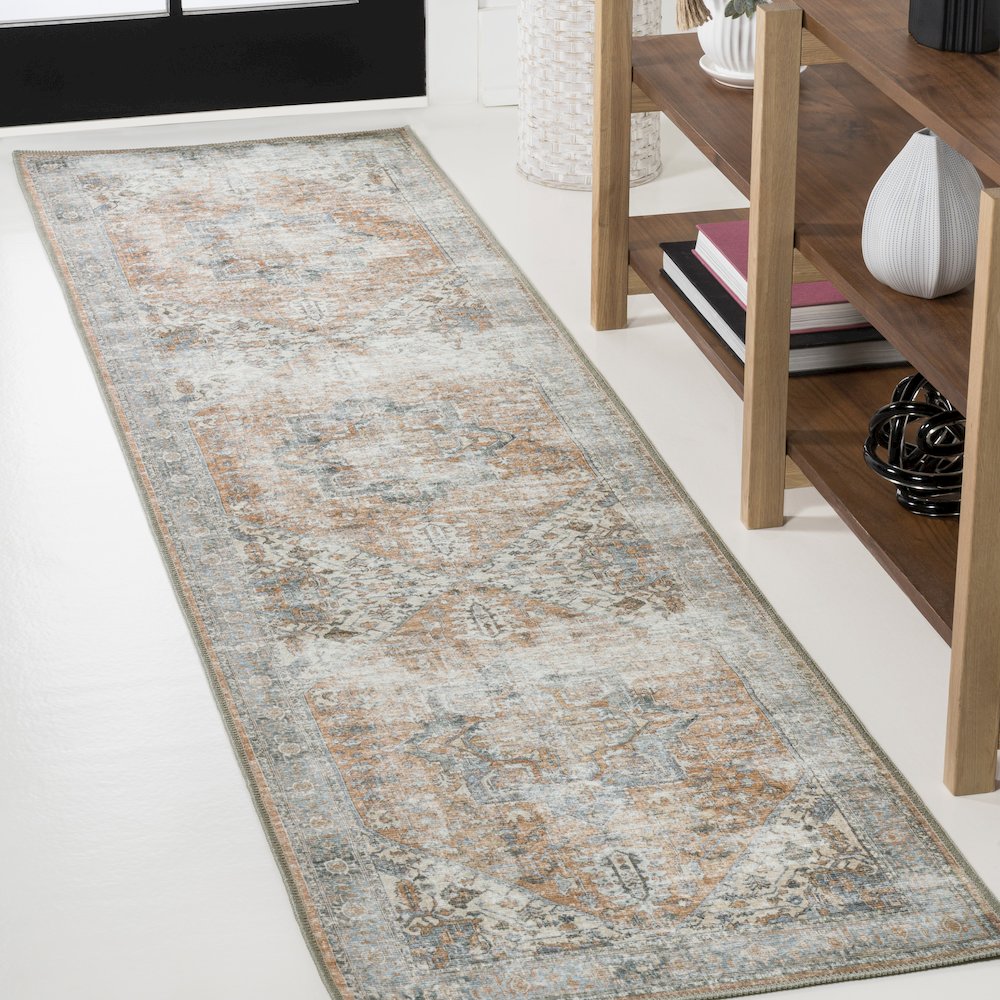 Armae Distressed Medallion Chenille Machine-Washable Runner Rug. Picture 1